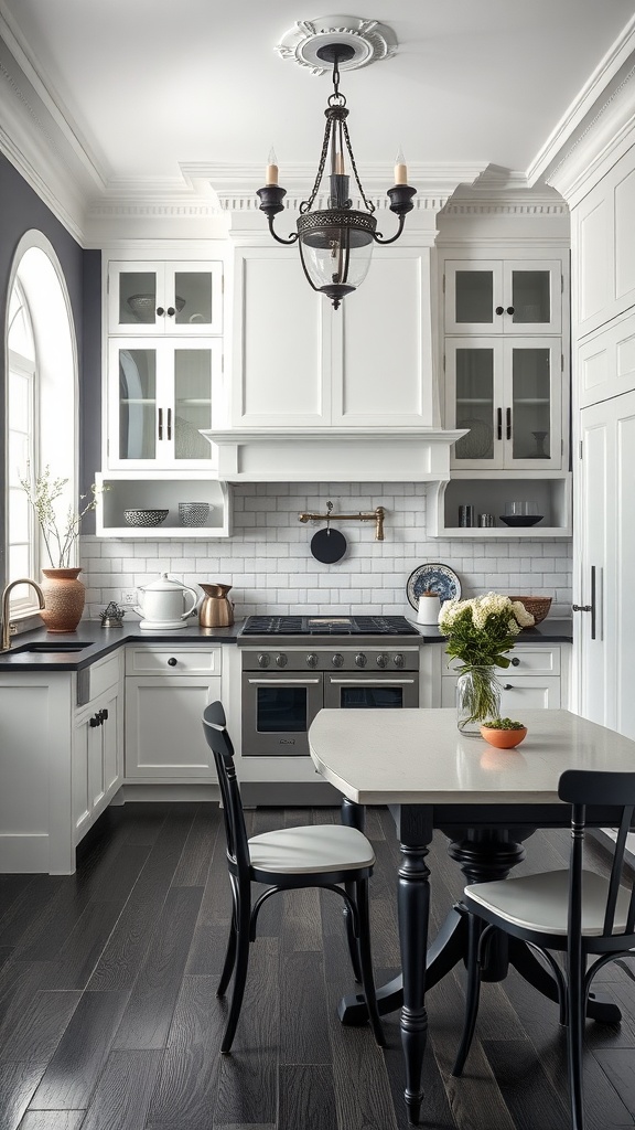 A stylish black and white kitchen featuring elegant cabinets, dark countertops, and a cozy dining area.