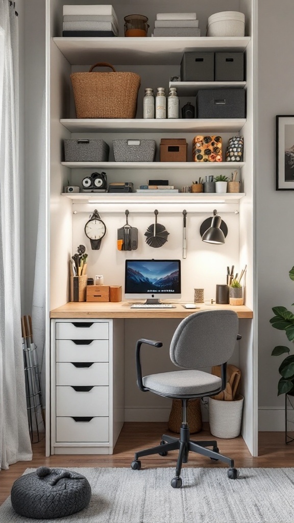 A transformed closet workspace featuring a wooden desk, shelves with storage baskets, and a comfortable chair.