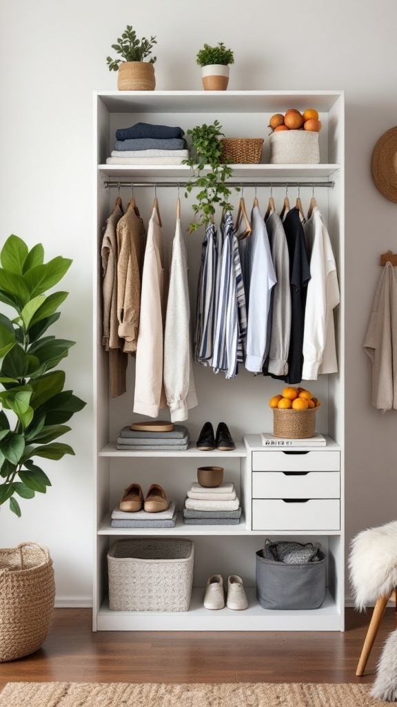 A stylish IKEA closet with hanging clothes, neatly stacked towels, shelves with decorative baskets, and green plants.