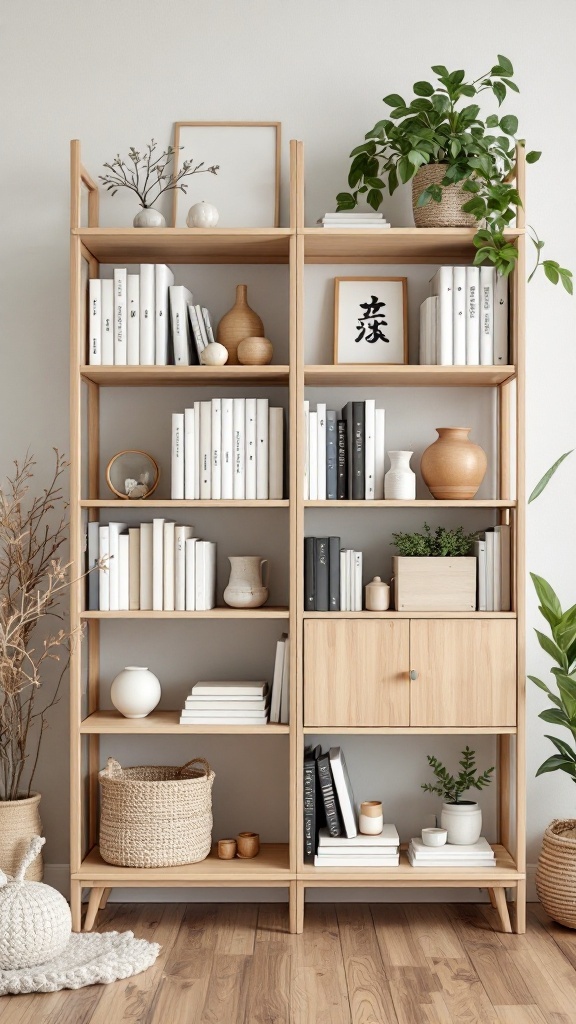 A modern bookshelf styled with neutral books, ceramics, and plants, reflecting Japandi aesthetics.