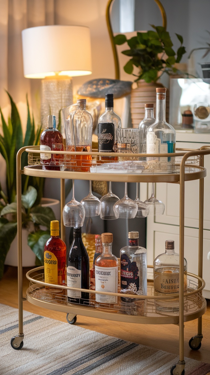 Stylish bar cart made from Ivar shelves, displaying bottles and glasses.