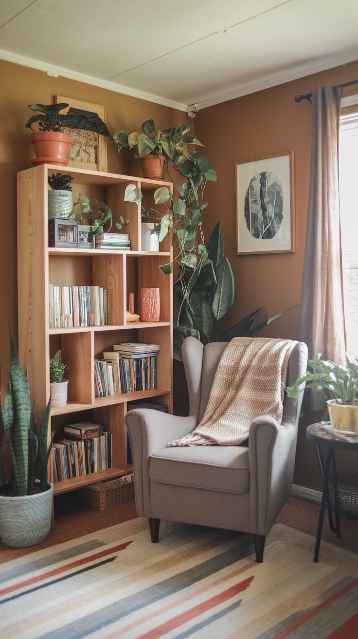 A stylish IVAR bookshelf filled with books and plants in a cozy room