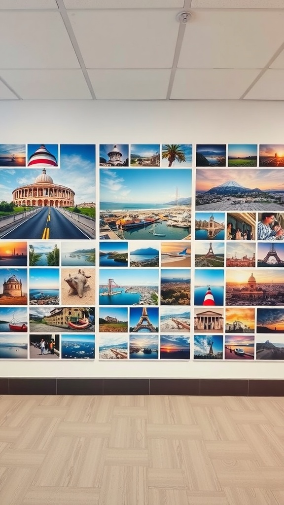 A colorful photo wall featuring various travel destinations like the Colosseum and the Eiffel Tower.