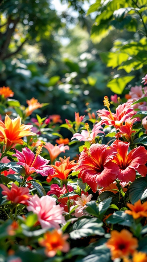 A vibrant tropical flower bed filled with hibiscus flowers in shades of pink and orange.