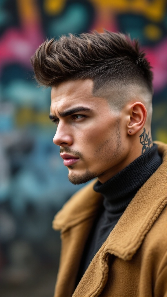 A man with an undercut hairstyle, featuring longer hair on top and shaved sides, dressed in a brown coat and turtleneck