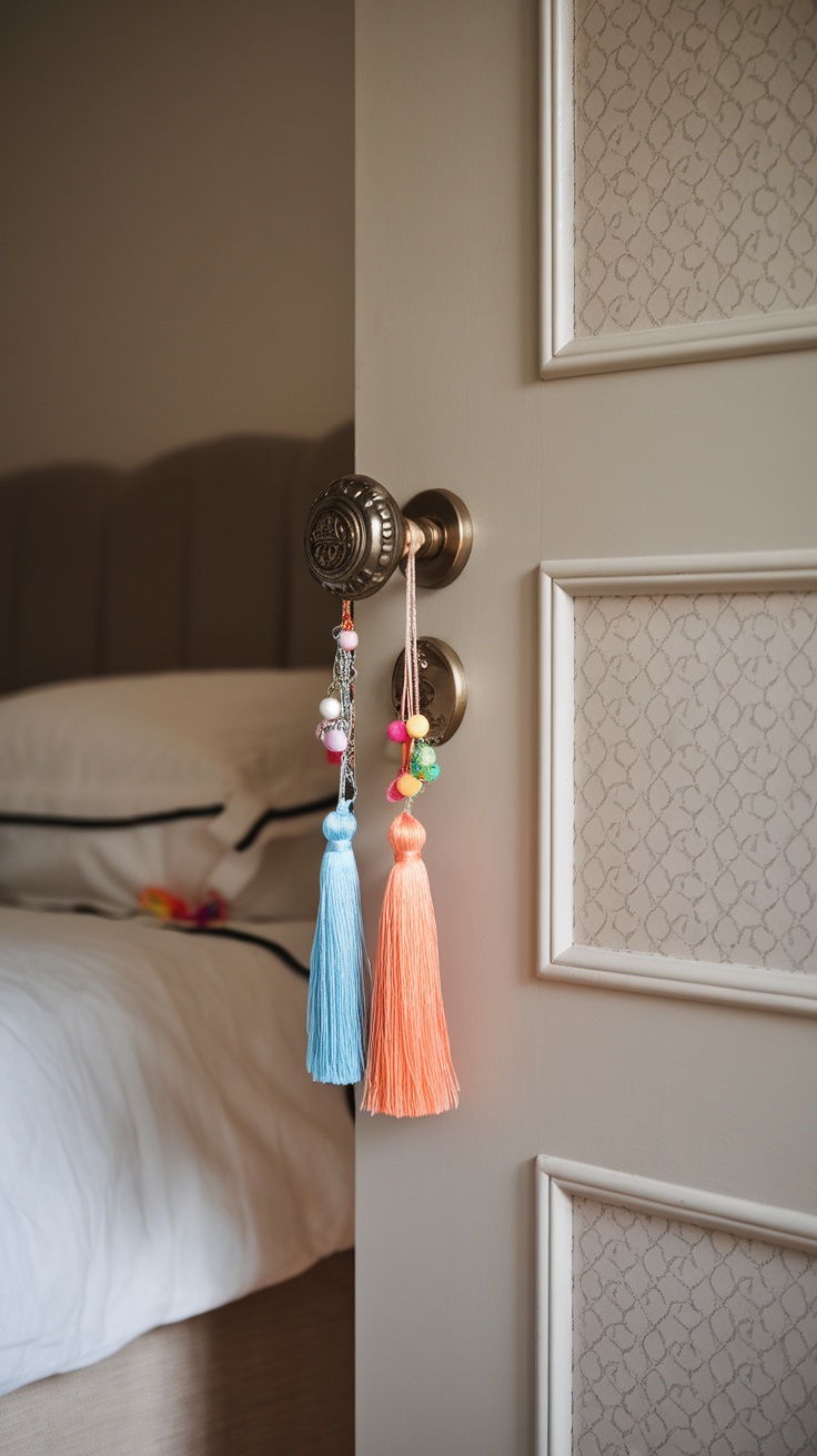 A close-up of a door knob with colorful tassels hanging from it, set against a softly lit bedroom background.