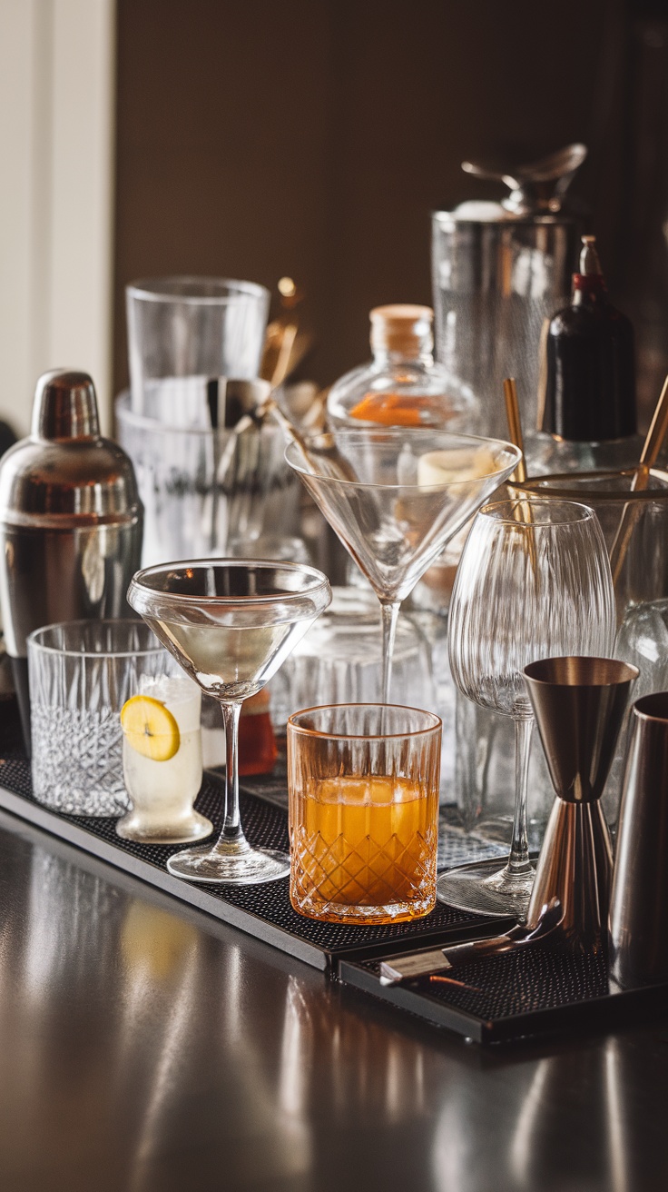 A variety of unique glassware and cocktail accessories on a bar counter.