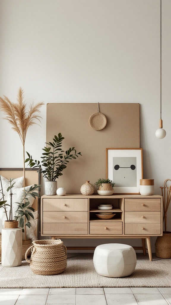 A stylish Japandi-inspired living space featuring a wooden cabinet, plants, and decorative items.