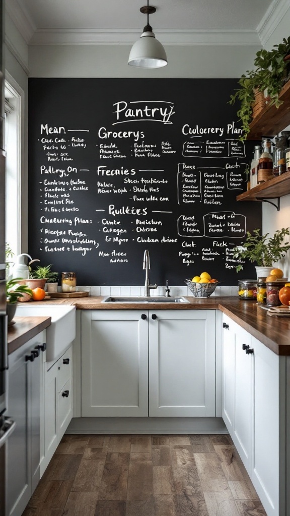 A modern pantry with a chalkboard wall filled with notes and lists.
