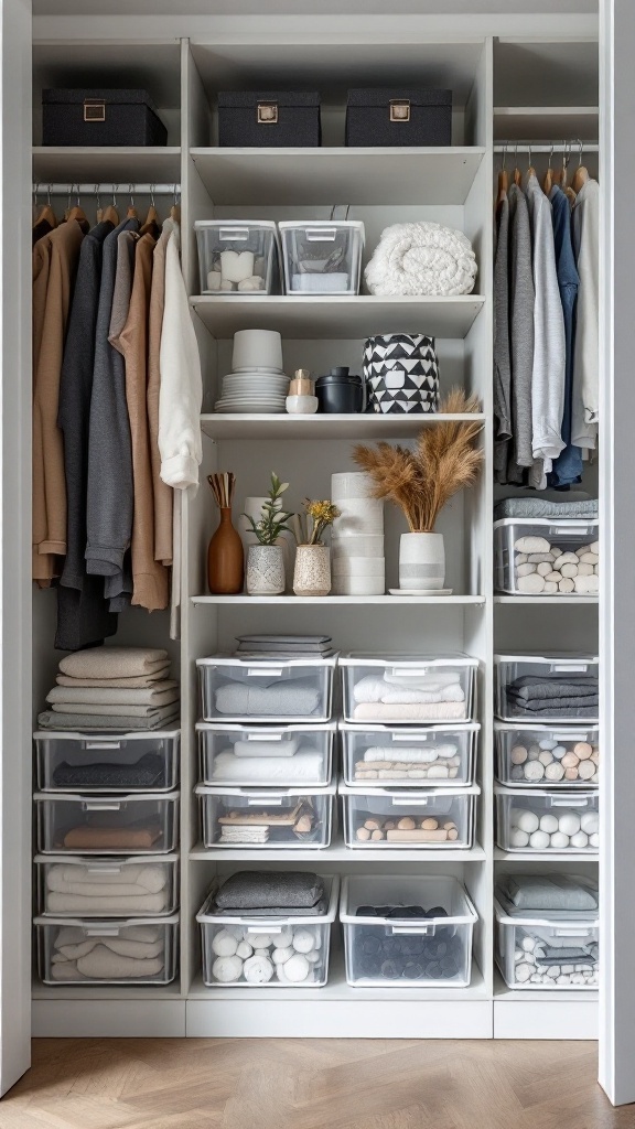 Organized closet with clear storage bins and folded clothes