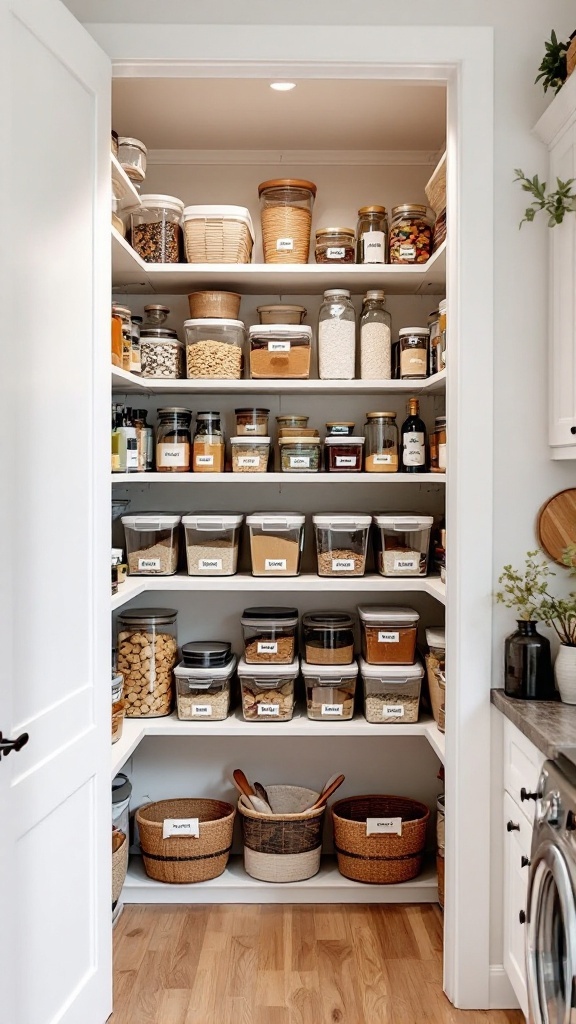 A well-organized walk-in pantry with clear storage containers and labeled jars.