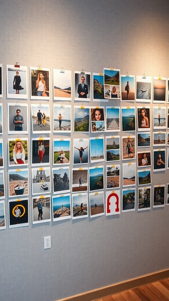 A wall display featuring multiple photos attached to clipboards.