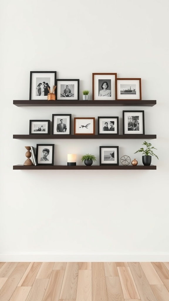 A wall displaying floating shelves with framed photos and decorative items.