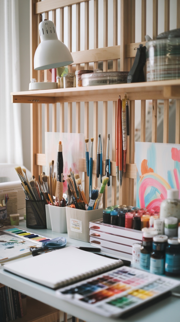 A crafting station featuring an IKEA IVAR divider with art supplies, a lamp, and a clean workspace.