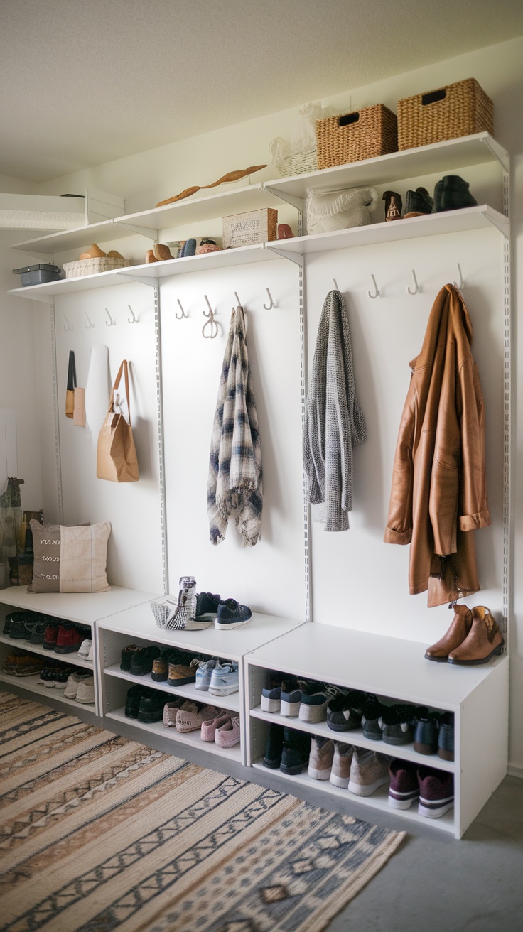 Mudroom designed with IKEA IVAR system displaying shelves, hooks, and organized shoes.