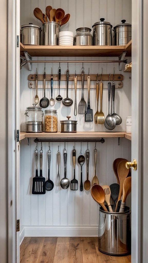 A well-organized pantry with tools hanging on magnetic strips.