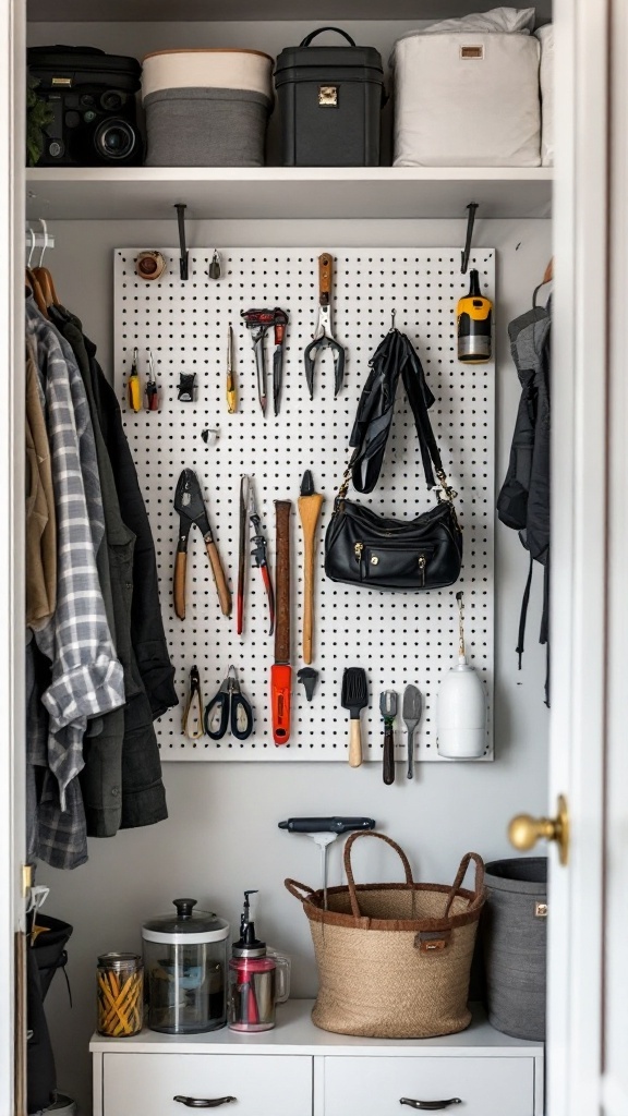 A well-organized closet featuring a pegboard with various tools and storage bins