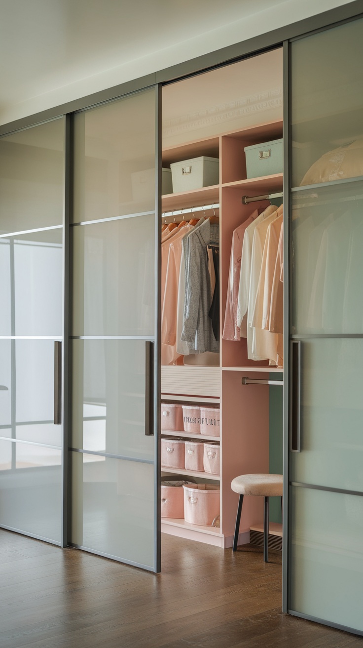 A modern walk-in closet featuring sliding glass doors with organized clothing and storage