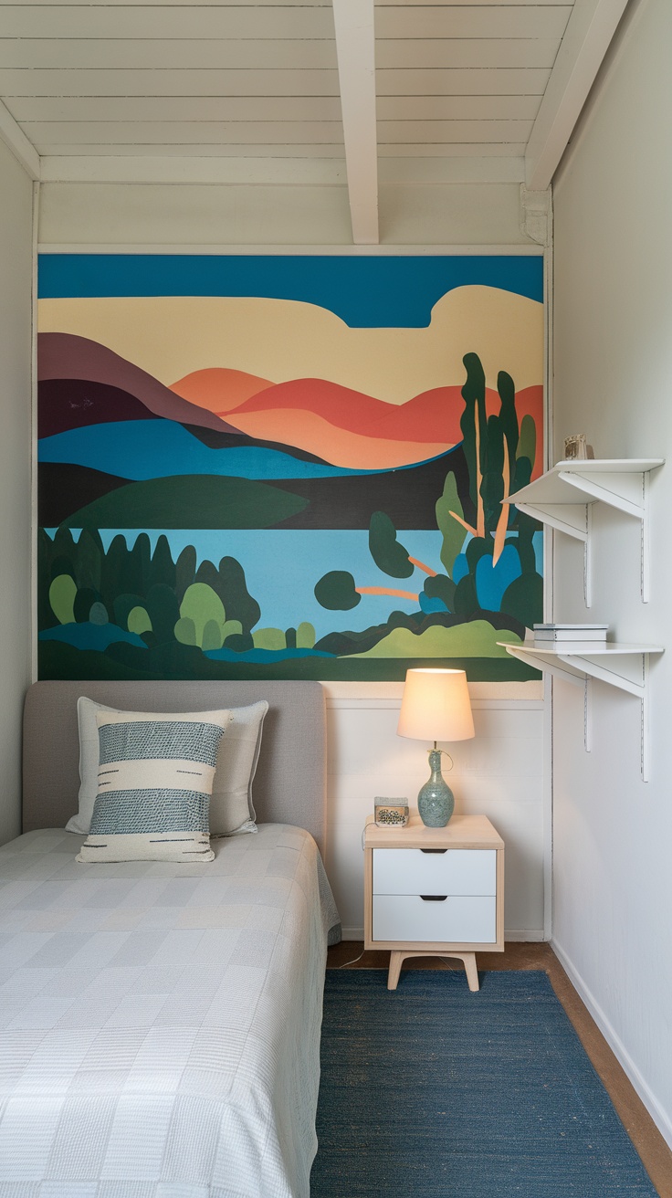 A small bedroom featuring a large colorful landscape mural on the wall behind the bed, with a nightstand and lamp.