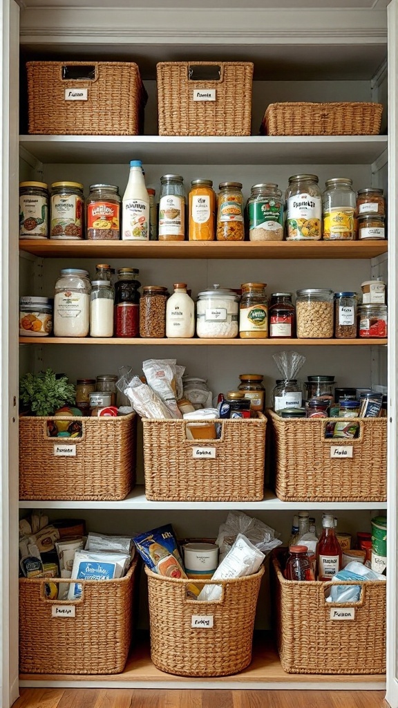 A neatly organized walk-in pantry featuring labeled wicker baskets and jars on shelves.