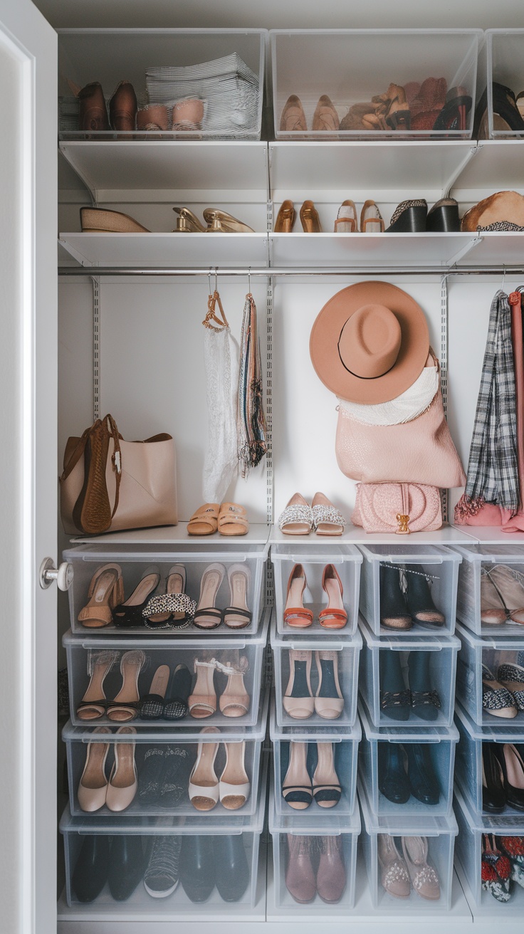 A well-organized walk-in closet featuring clear storage bins filled with various stylish shoes.