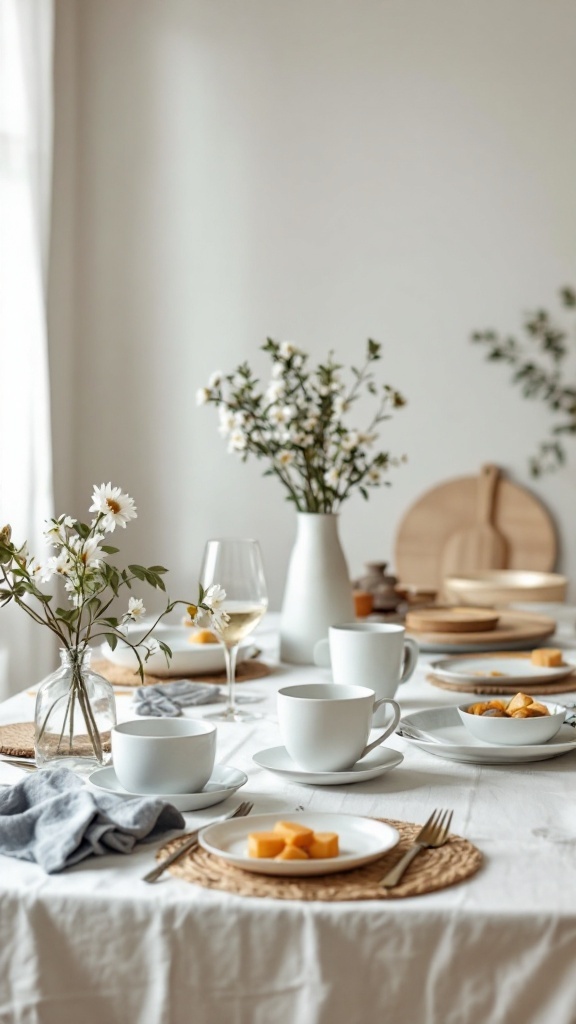 A Japandi-style dining table set with white kitchenware, wooden elements, and flower arrangements.