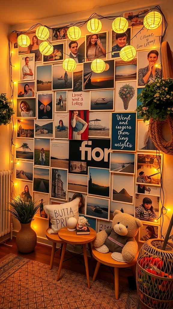 A cozy photo wall decorated with string lights, featuring framed pictures, plants, teddy bear, and rustic furniture.