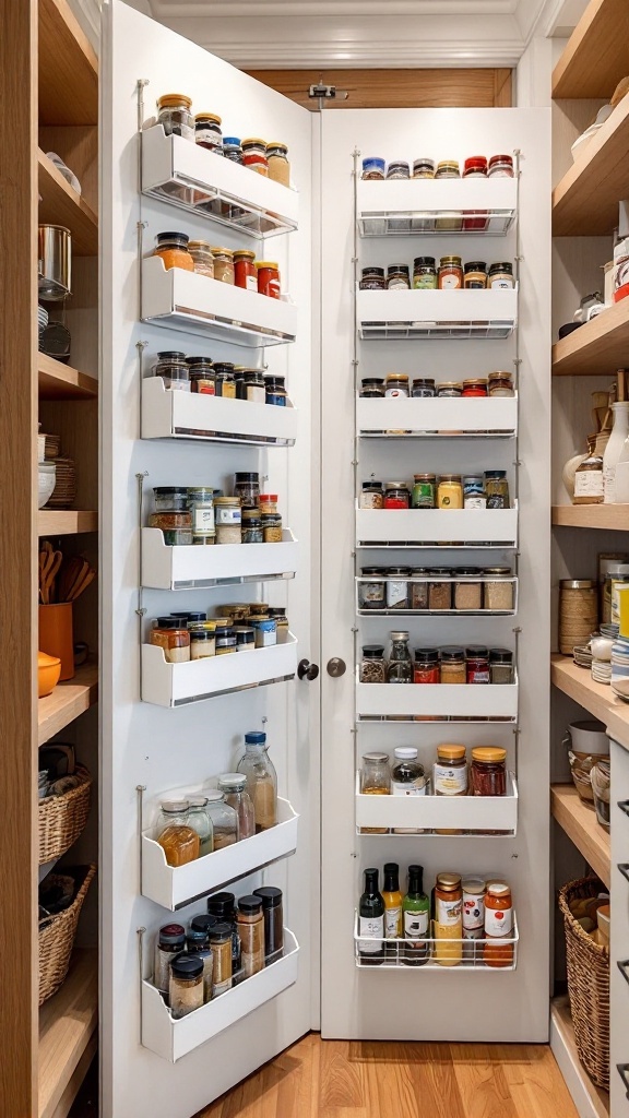 Organized pantry door with shelves holding various jars and spices