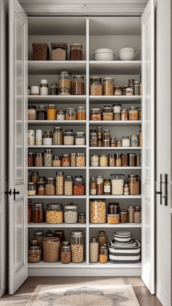 A well-organized walk-in pantry with jars and containers neatly arranged on shelves.