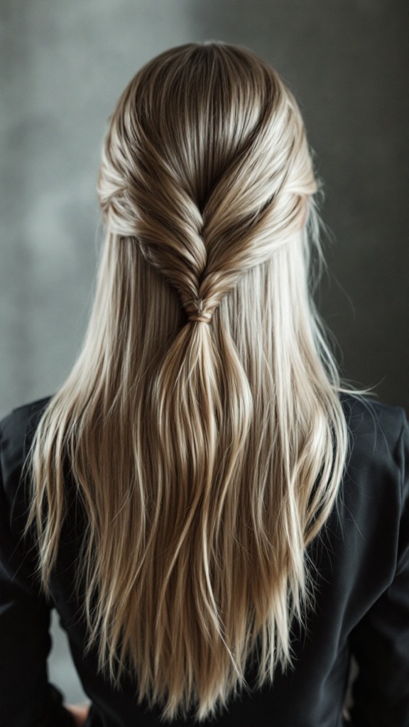 A woman with long hair styled in a V-shaped back, showcasing a modern and elegant haircut.