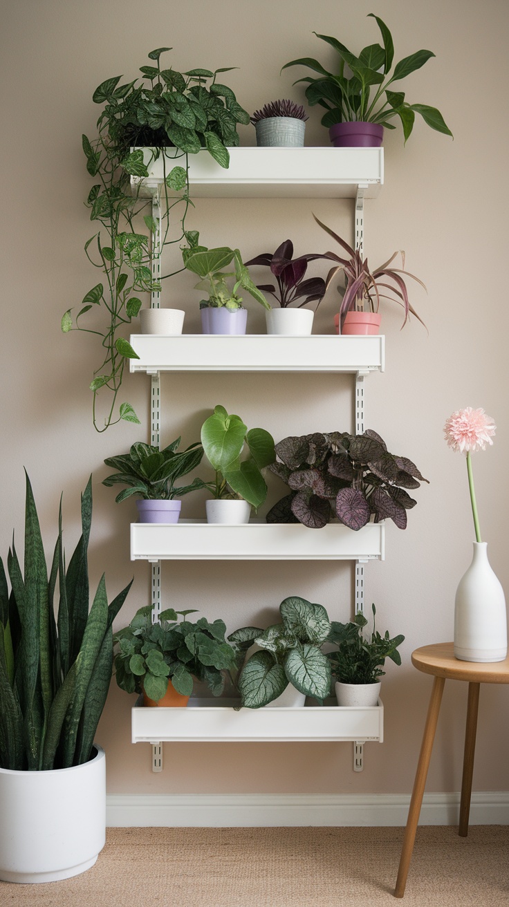 Ivar shelves with various plants in colorful pots arranged neatly on each shelf.