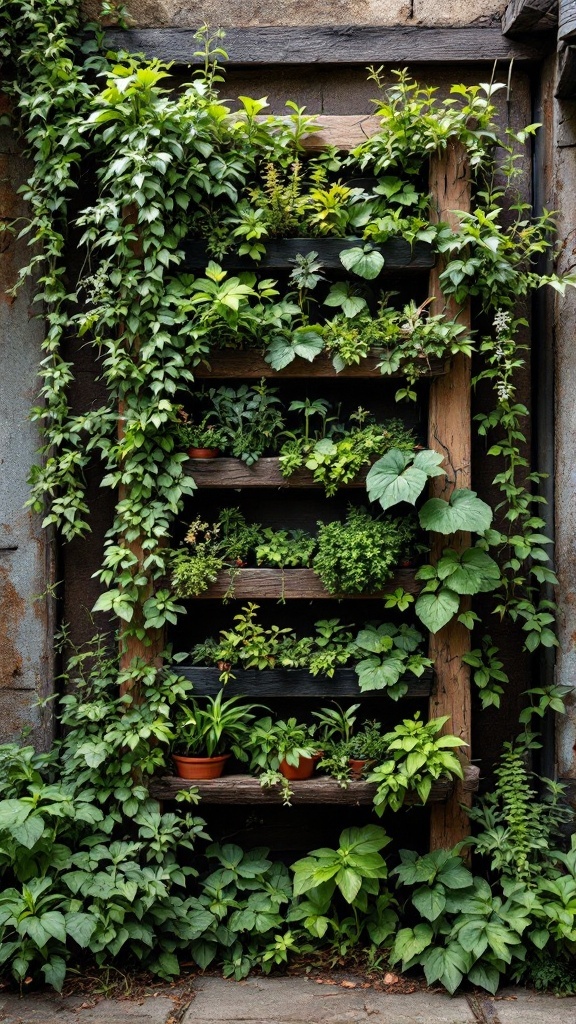 Vertical garden with wooden shelves filled with various plants and herbs.