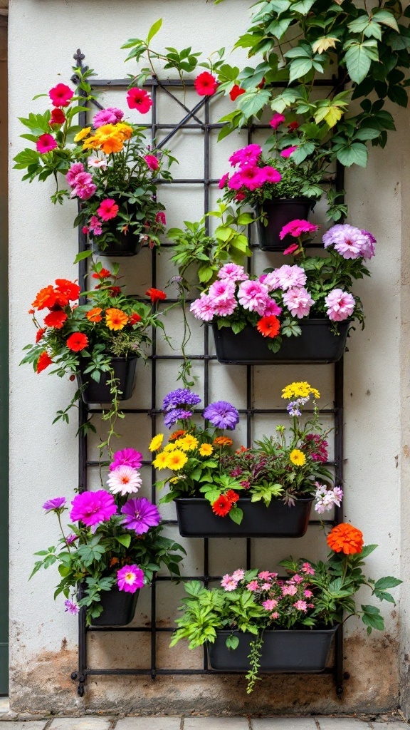 Vertical flower garden with colorful blooms in pots against a wall.