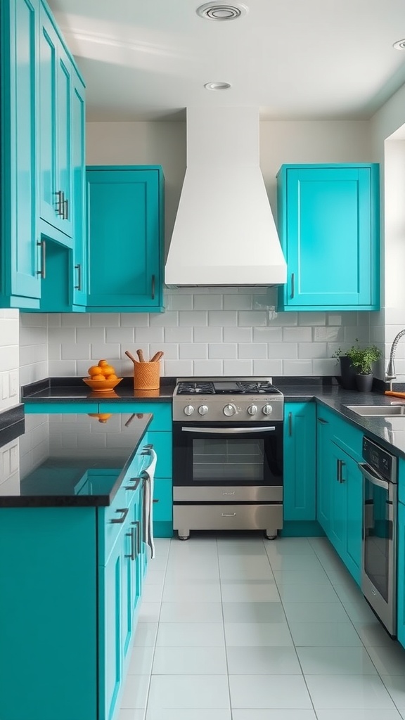 A modern kitchen with vibrant teal cabinets, black countertops, and a white backsplash.