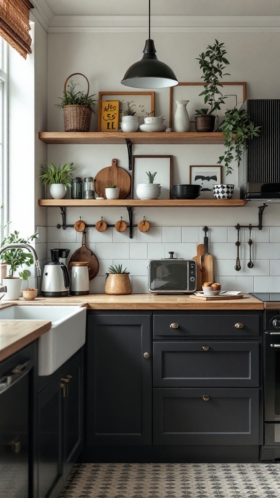 A cozy kitchen with black cabinets, wooden shelves, plants, and vintage accents.