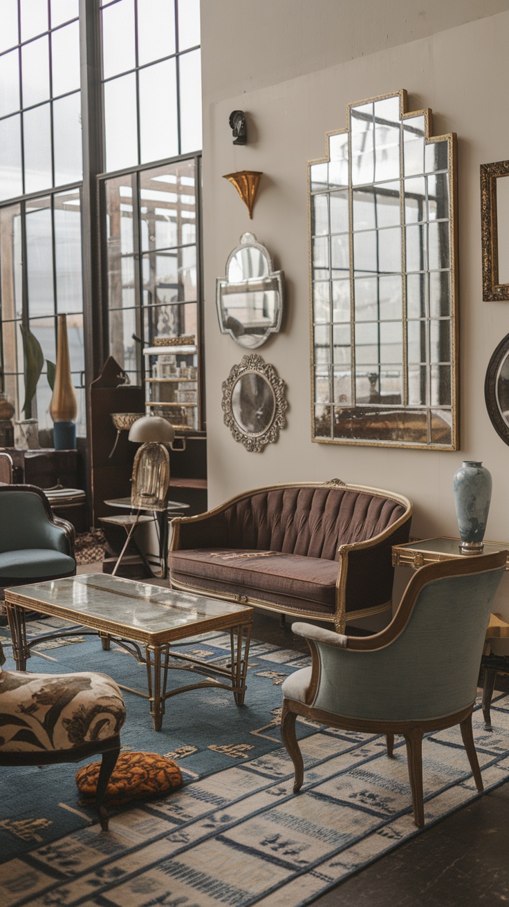 A vintage-inspired living space with plush furniture and decorative mirrors.