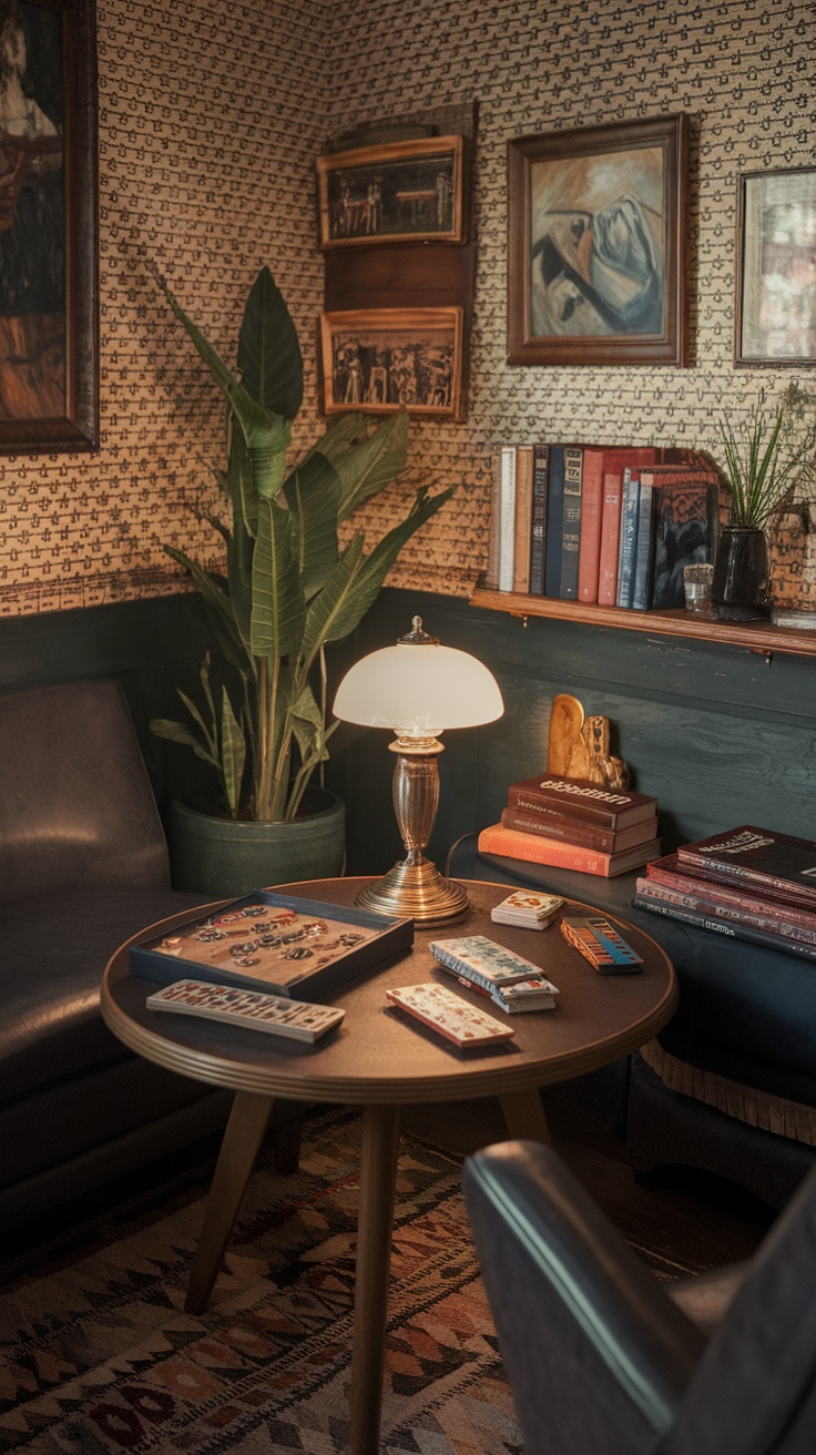 Cozy vintage game night setup with a round table, board games, and a warm lamp.