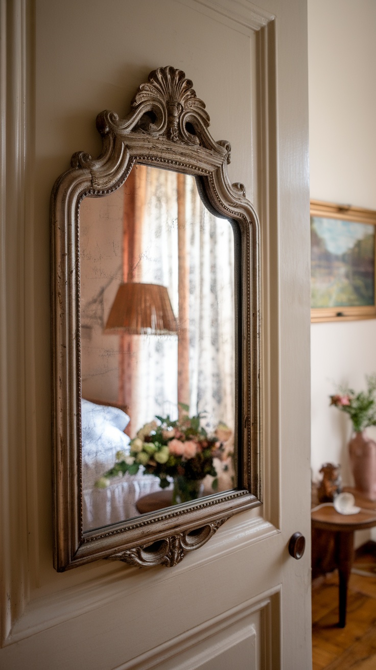 A vintage mirror frame on a bedroom door, reflecting soft light and offering a glimpse into the room.