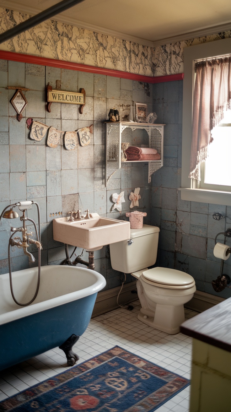 A vintage bathroom with blue tin tiles, a clawfoot bathtub, and retro decor elements.