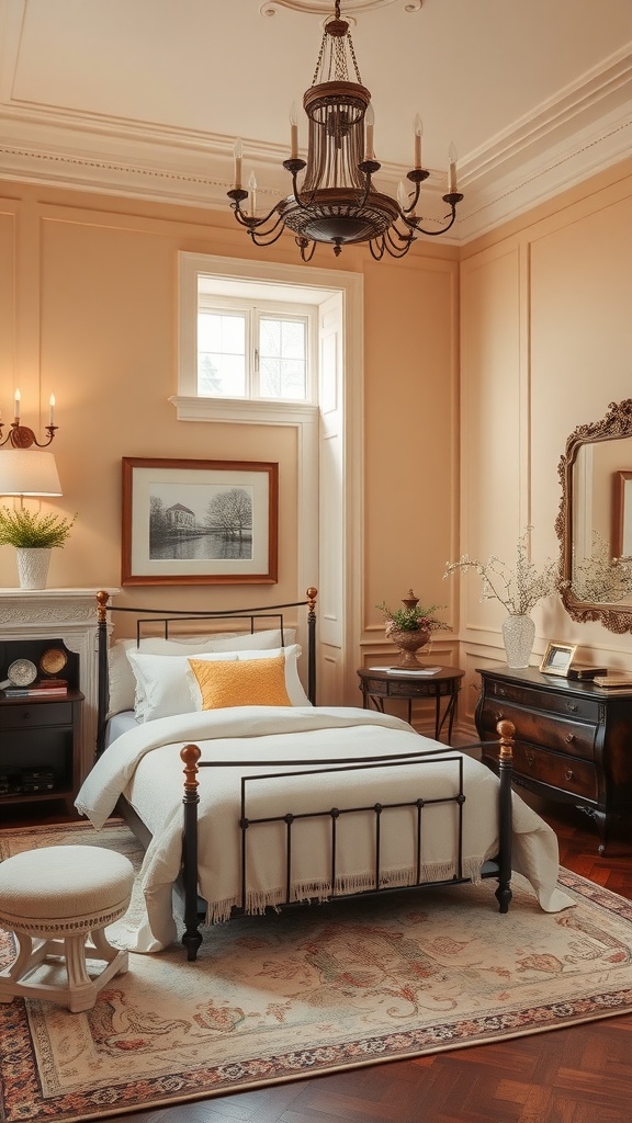 A cozy bedroom painted in Warm Almond color, featuring a black bed frame, soft linens, and elegant decor.