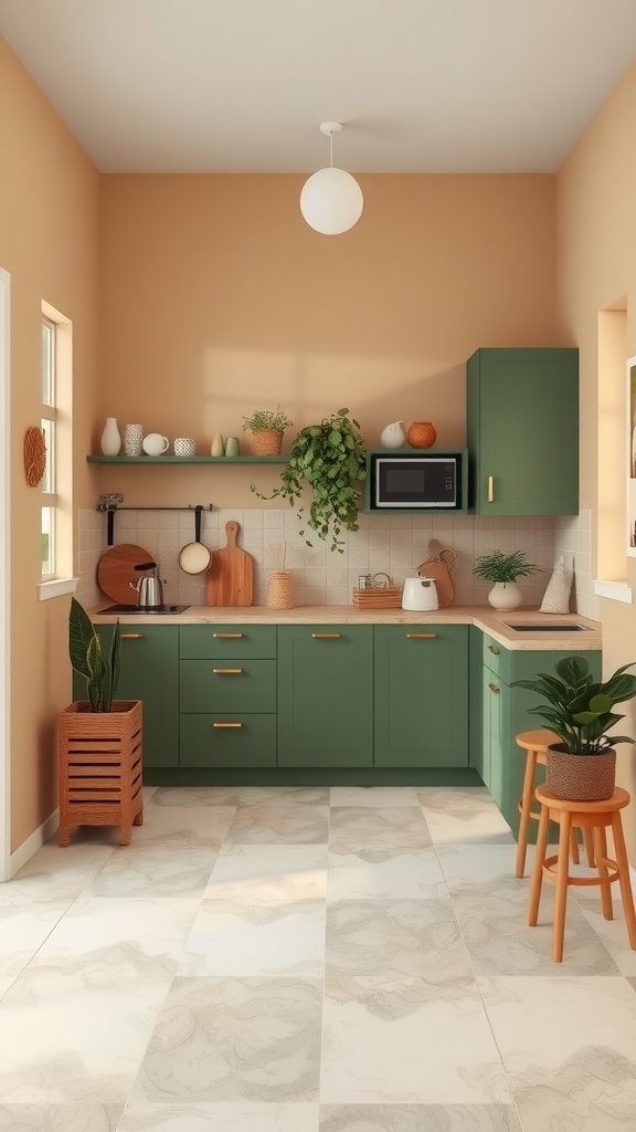 A kitchen featuring warm beige walls and earthy green cabinets, with wooden accents and potted plants for decor.