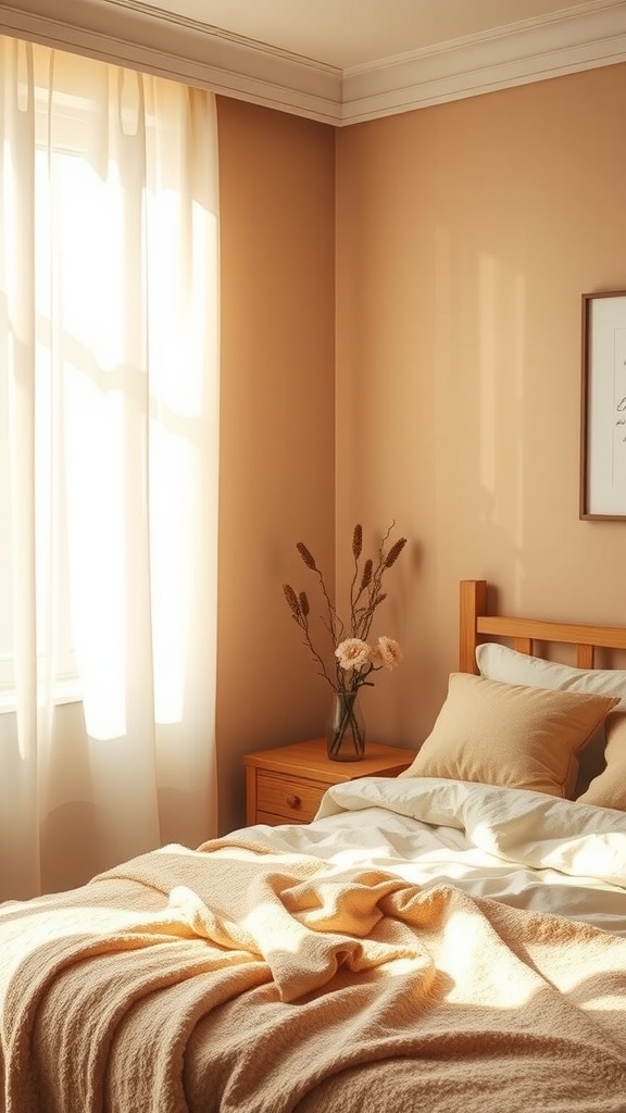 Cozy bedroom with warm beige walls and soft bed linens.