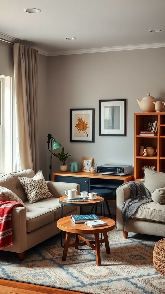 Cozy living room with a warm beverage corner featuring two chairs, a coffee table with cups, and a decorative throw.