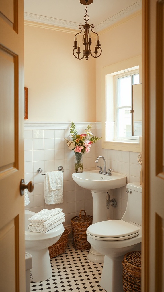 A small bathroom featuring warm cream walls, a chandelier, and floral decor.