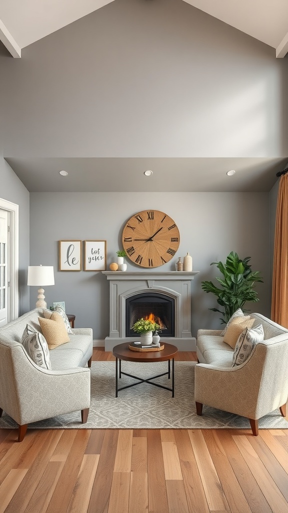 Cozy living room with warm gray walls, a clock, and comfortable seating.