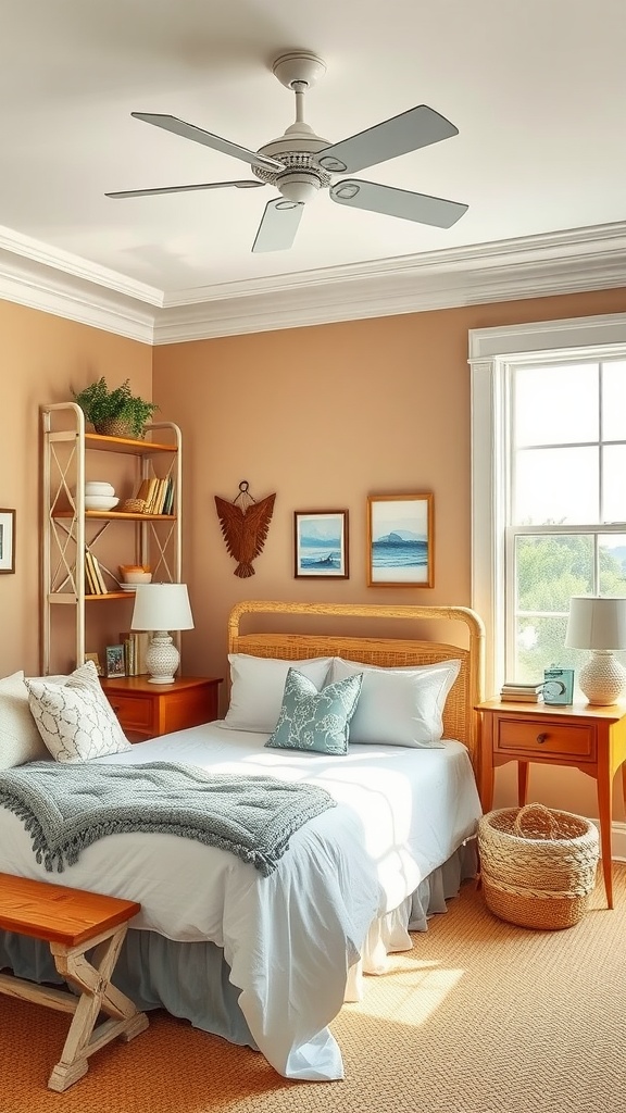 A cozy bedroom with warm sand-colored walls, rattan bed, and coastal-themed decor.