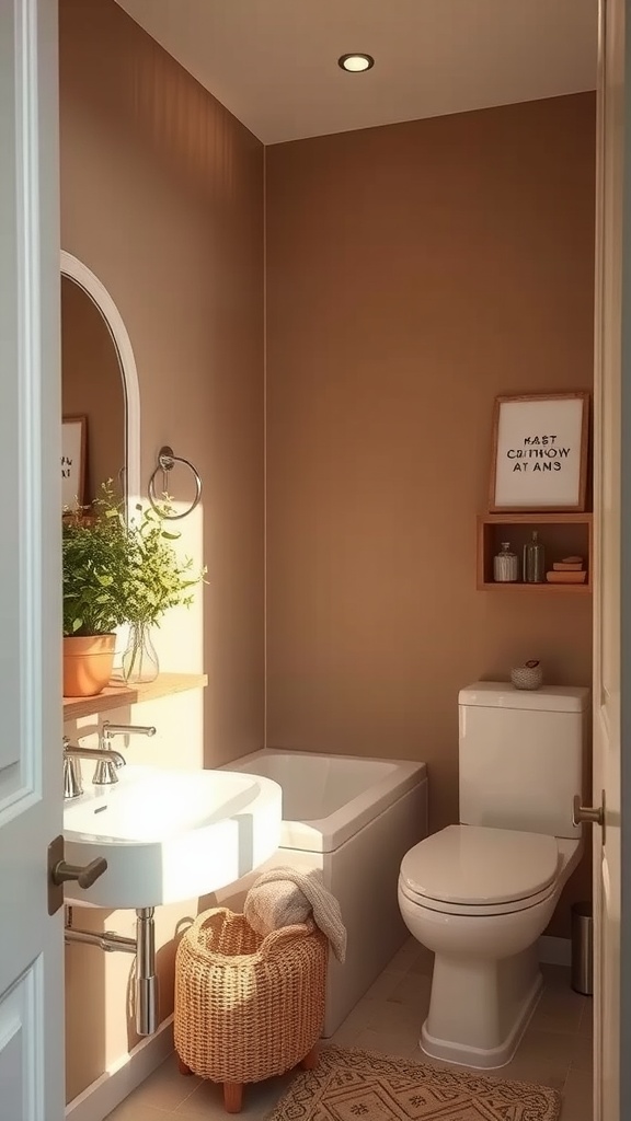 Cozy small bathroom painted in warm taupe with natural elements.