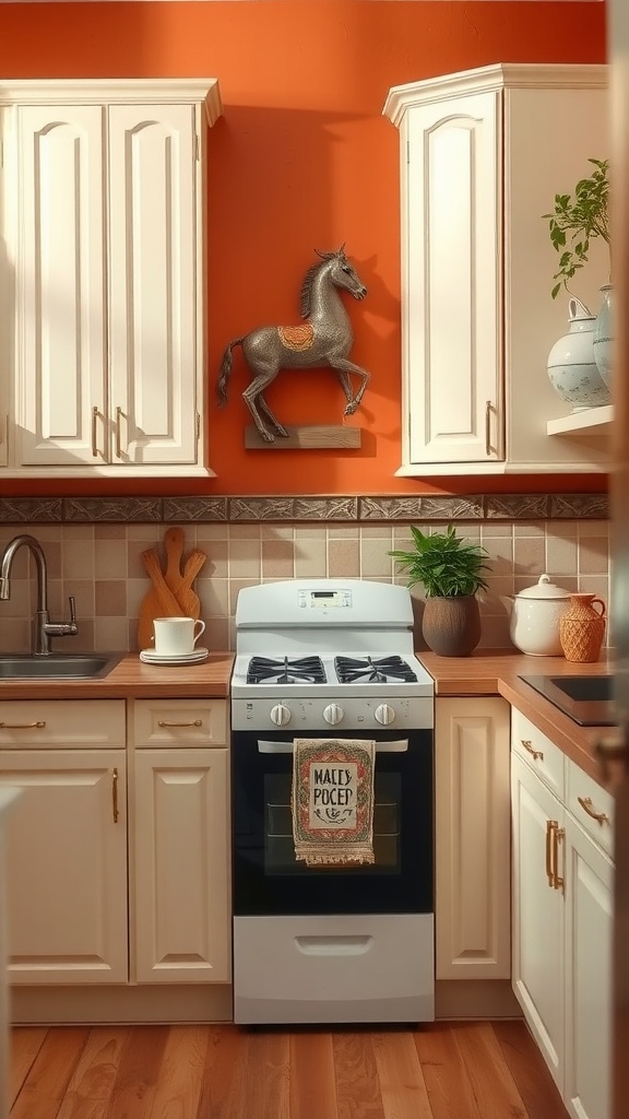 A cozy kitchen featuring warm terracotta walls and soft cream cabinetry, with decorative accents and greenery.