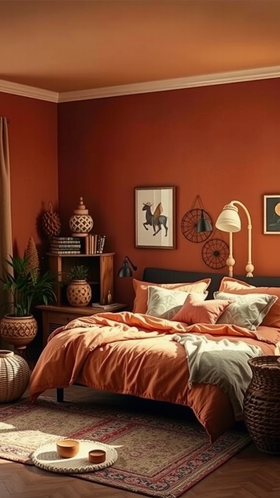 A warm terracotta painted bedroom featuring cozy bedding, natural decor, and soft lighting.