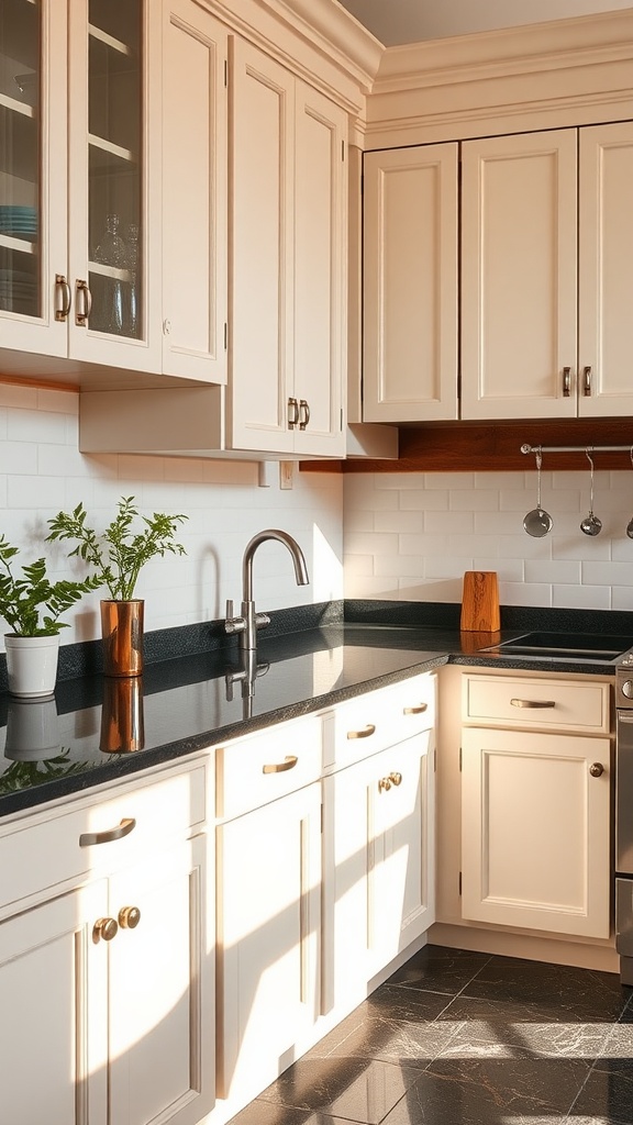 A kitchen featuring black granite countertops and warm white cabinets.